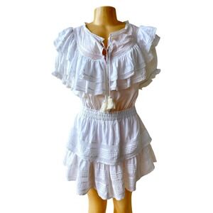 LoveShackFancy White Ruffle Mini Dress Size M Cotton Lace Boho Prairie Tiered